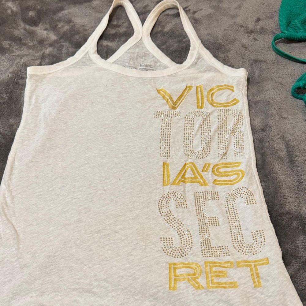 Victoria's Secret White Racerback Tank with Gold Accent Logo